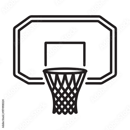Simple black and white line drawing of a basketball hoop and net