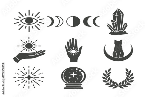 A collection of mystical symbols including celestial phases a crystal and feline imagery high quality professional