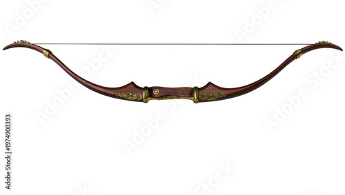 Photos Isolated ornate wooden traditional bow with gold decorative elements for fantasy