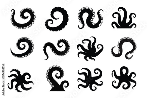 A collection of stylized black octopus tentacles in various swirling and curving arrangements high quality professional
