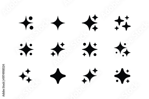 A collection of black sparkle icons and starburst shapes varying in design and arrangement high quality