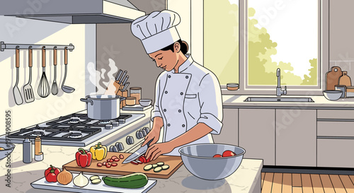 Chef preparing food in kitchen.