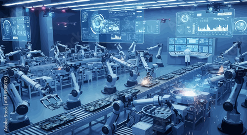 Industrial robots in a factory setting.
