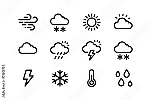 A collection of simple black and white line icons representing various weather conditions and elements