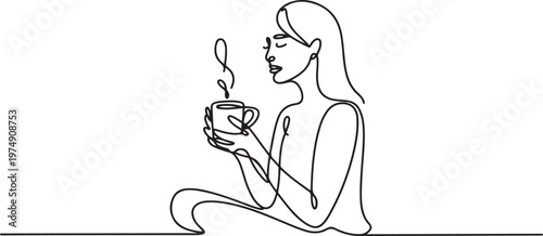 Serene morning ritual: Woman enjoying coffee. One line draw graphic design vector