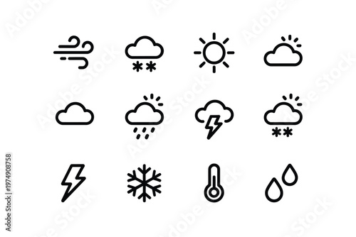 A collection of simple black line icons representing various weather conditions and atmospheric elements high quality