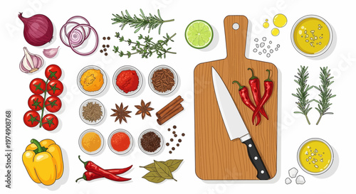 Knife on cutting board with spices.