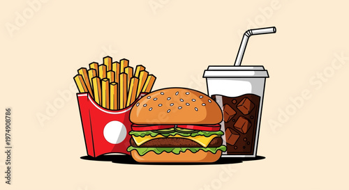 Fast food meal with burger fries.