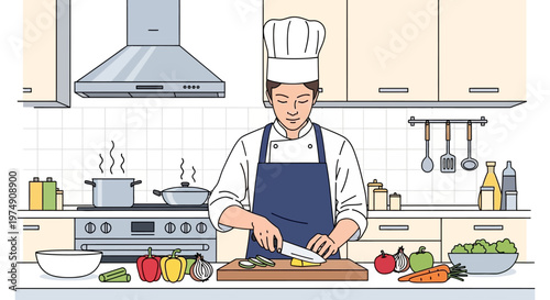 Chef cutting vegetables on kitchen counter.