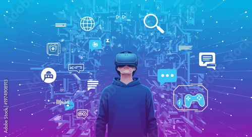 Man wearing virtual reality goggles standing.