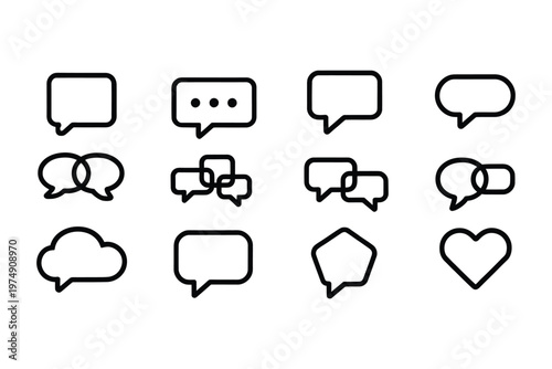 A collection of simple black outline speech bubbles and chat icons in various shapes high quality
