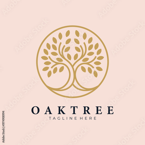Oak tree logo, minimalist tree illustration with branch and leaves