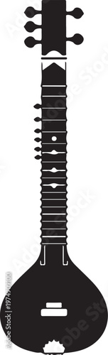 Sitar, Indian stringed instrument, black silhouette, musical vector icon