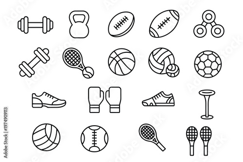 A collection of black and white line art icons representing various sports equipment and activities