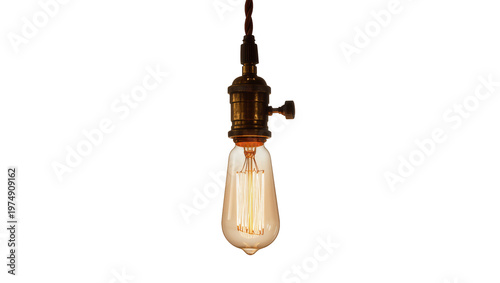 Obraz na płótnie Isolated vintage Edison light bulb glowing brightly, old-fashioned electric filament lamp
