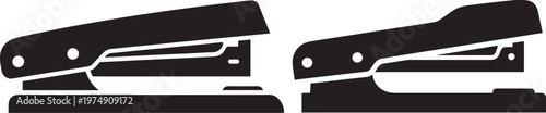 Two black and white stapler silhouettes essential office stationery tool for binding papers and documents icon concept white background stationery supplies business document equipment isolated