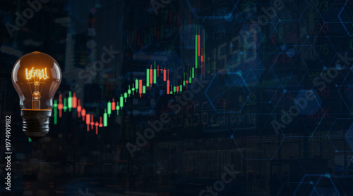 financial trading, glowing light bulb with rising stock market candlestick chart and abstract data background