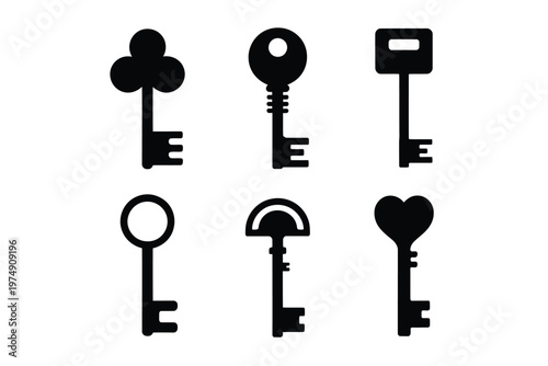 A collection of six distinct black silhouettes depicting various key and lock shapes high quality professional