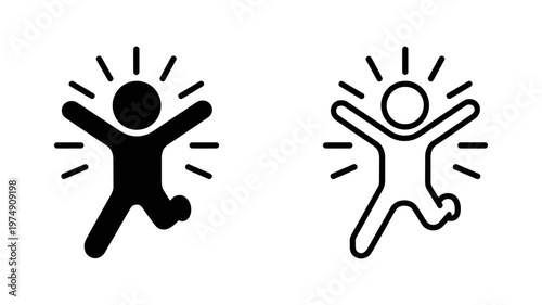 Happy person jumping with joy and success rays vector icon set in solid and outline graphic styles
