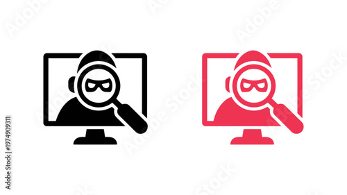 Cyber criminal hacker identified on computer screen through magnifying glass vector illustration