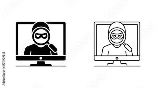 Digital hacker icon set with computer screen and magnifying glass for cybersecurity research vector