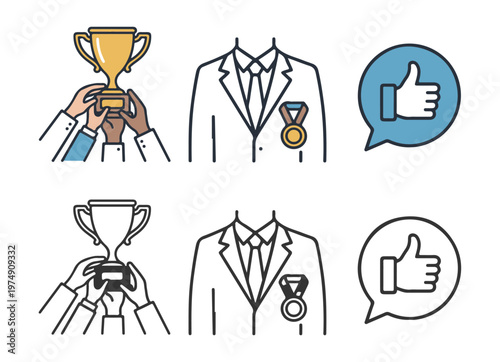 Set of business success icons featuring winning trophy team hands suit with medal and thumbs up