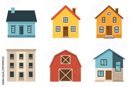 A colorful illustration depicting six different types of houses and building facades high quality professional detailed