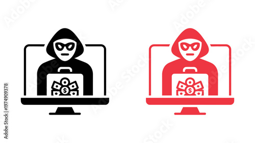 Hacker in hoodie carrying money briefcase on computer screen vector illustration for cybercrime concepts