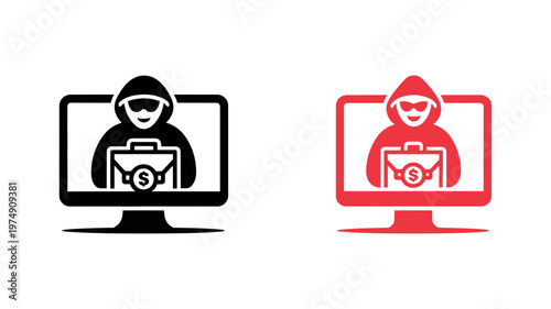 Cyber criminal stealing financial assets through computer monitor vector graphic for digital security breach