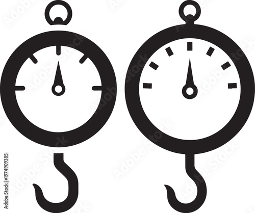 Two hanging spring scales with hooks weight measurement equipment icons in black and white for accuracy spring scale weighing measurement instrument accuracy precision kilogram