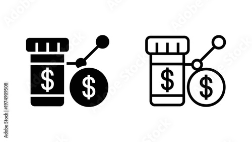 Healthcare cost analysis icon featuring medicine bottle with dollar sign and graph vector