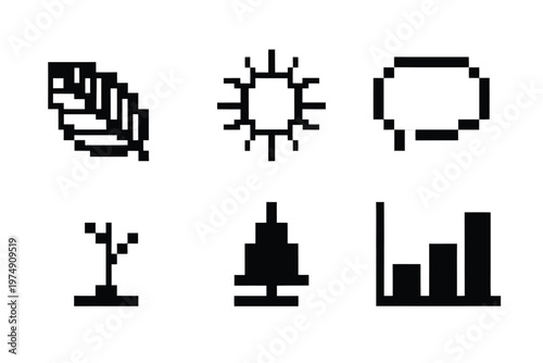 A collection of six minimalist black pixelated icons representing nature and data high quality professional detailed