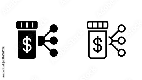 Medical pharmacy distribution icon showing pill bottle with dollar sign and network nodes vector