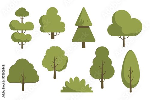 A collection of stylized green trees and bushes in various shapes and sizes are shown