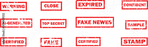 Rubber stamps with various messages and labels on white background