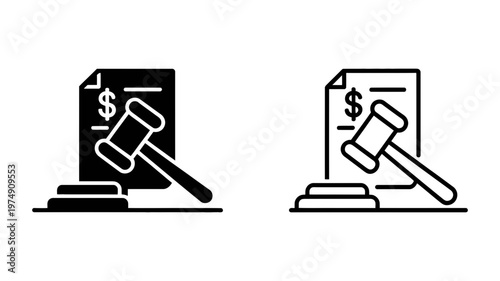 Legal auction icon with gavel and dollar document for financial law and court bidding process illustration