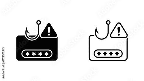 Phishing attack icon with fishing hook and password warning sign for cyber security awareness illustration