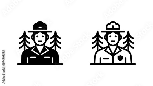 Park ranger vector icons showing forest officer in uniform with pine trees and hat for nature conservation