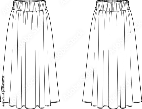 Women skirt technical drawing elastic waistband midi skirt fashion flat sketch apparel design garment illustration isolated vector clothing template front back
