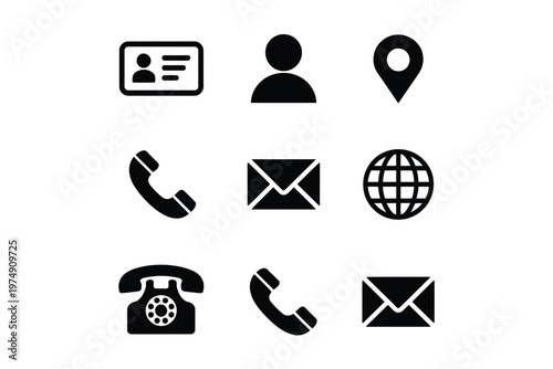Black silhouette icons represent identification communication and location services on a white background high quality professional