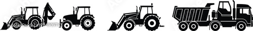 Construction machinery silhouettes tractor loader backhoe dump truck heavy equipment industrial vehicles set illustration isolated black engineering transport collection