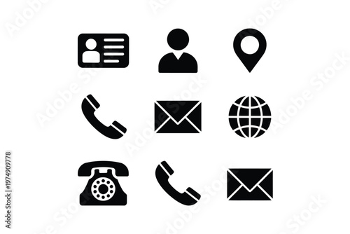 A collection of nine simple black icons representing identification communication and location high quality professional detailed