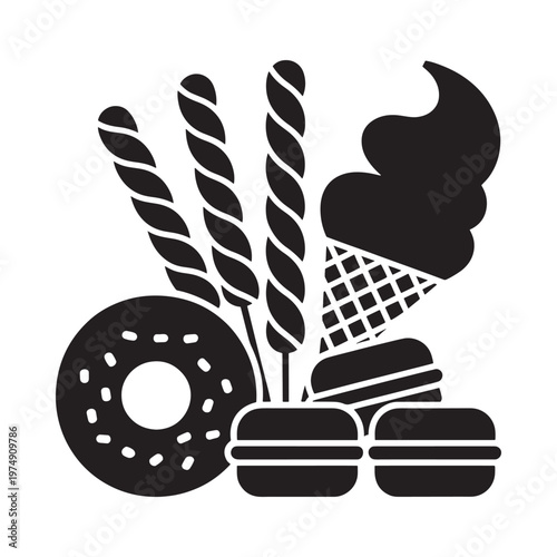 Black and white illustration of various sweet treats and baked goods