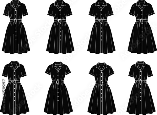 shirt dress collection vector, belted midi dresses set, women fashion silhouettes, button front design, short sleeve apparel templates bundle