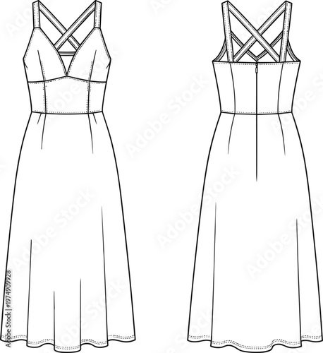 strappy midi dress template, front and back view, women fashion illustration, sleeveless summer dress, crisscross back design, apparel vector outline
