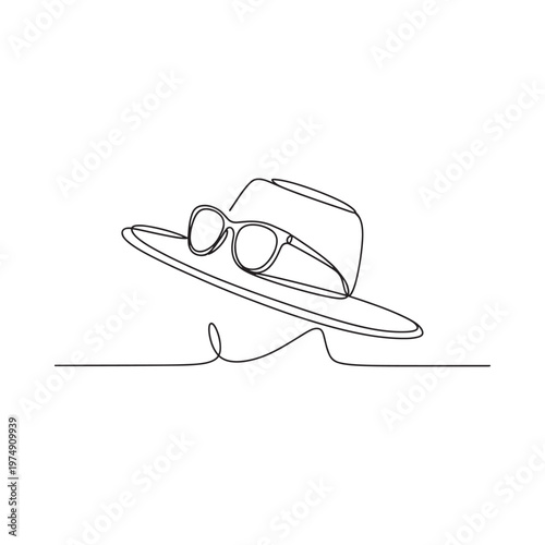 Continuous line drawing of a hat and sunglasses combination