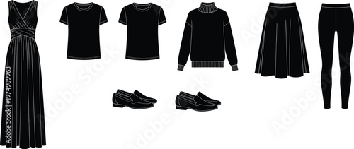 Women clothing collection silhouettes dress t shirt sweater skirt leggings shoes fashion outfit set illustration isolated black apparel design