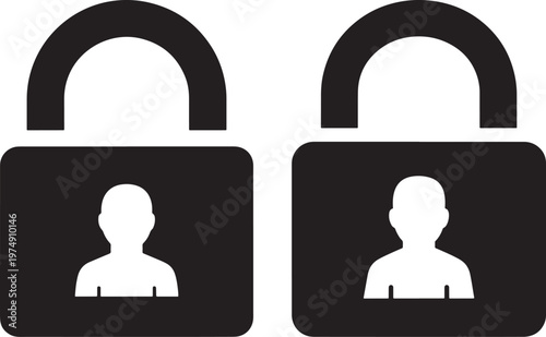 Two black and white padlock icons with a human silhouette inside representing user privacy account security personal data protection web security protection silhouette identity internet
