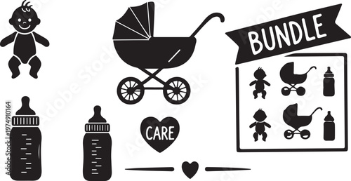 Baby Care Bundle Black and White Icon Set Illustration