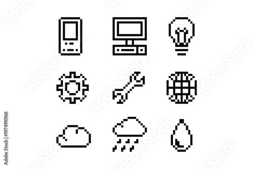 A collection of simple pixelated line icons depicting technology weather and tools high quality professional detailed